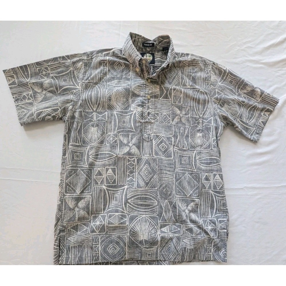 Vtg Reyn Spooner Hawaiian Shirt Men S Gray Tribal Geometric Reverse Print Cotton